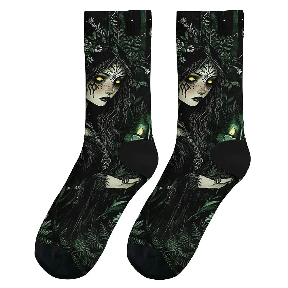 Men's fashion socks Fun crew socks, comfortable breathable socks, Mystery Girl Dark Goth style, novelty holiday party gifts.