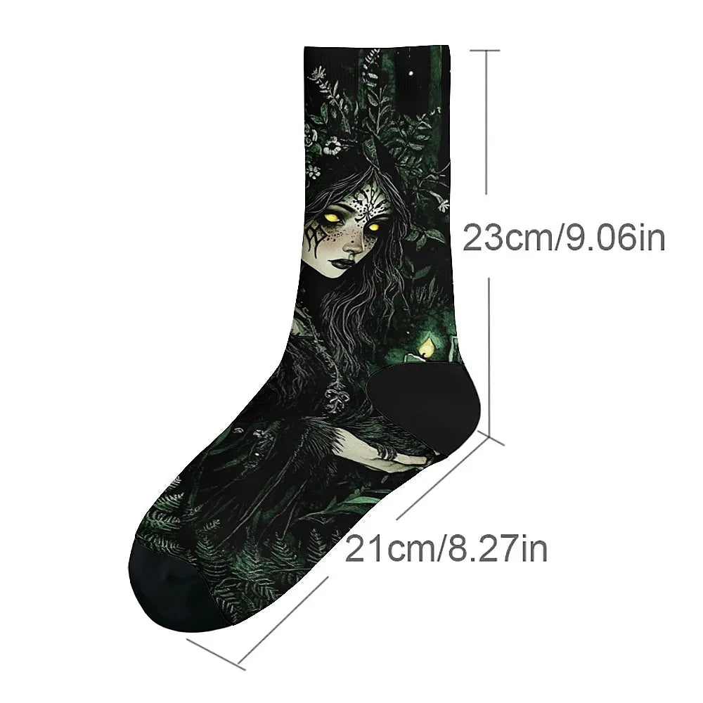Men's fashion socks Fun crew socks, comfortable breathable socks, Mystery Girl Dark Goth style, novelty holiday party gifts.