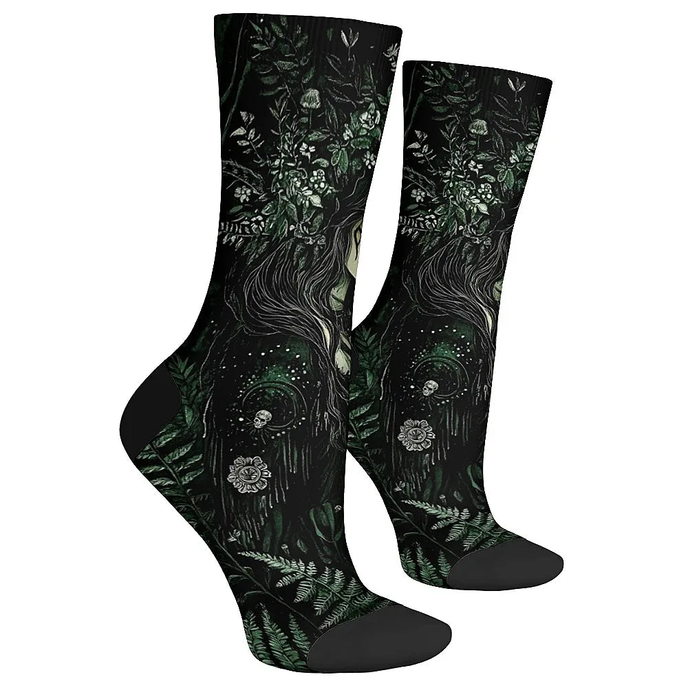 Men's fashion socks Fun crew socks, comfortable breathable socks, Mystery Girl Dark Goth style, novelty holiday party gifts.