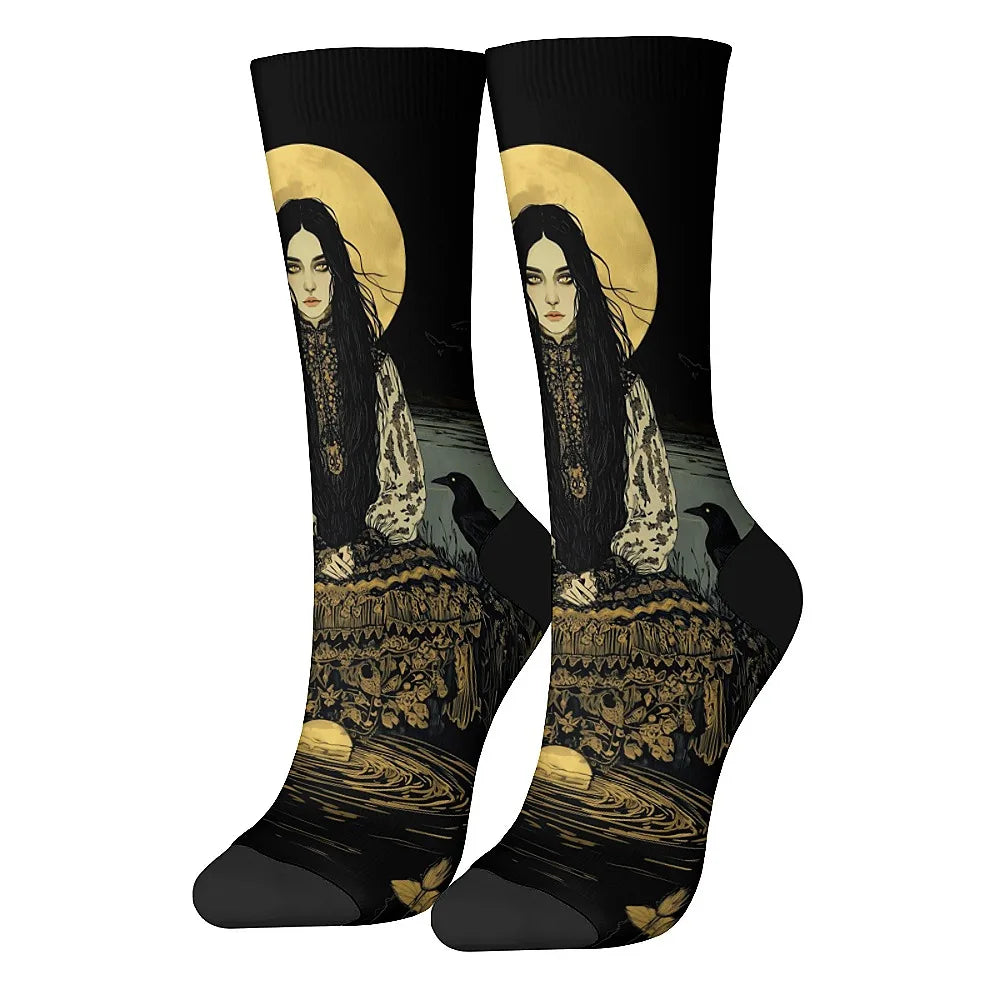 Men's fashion socks Fun crew socks, comfortable breathable socks, Mystery Girl Dark Goth style, novelty holiday party gifts.