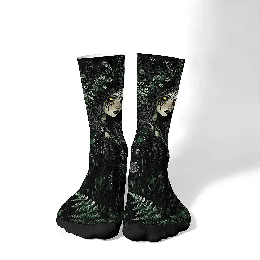 Men's fashion socks Fun crew socks, comfortable breathable socks, Mystery Girl Dark Goth style, novelty holiday party gifts.