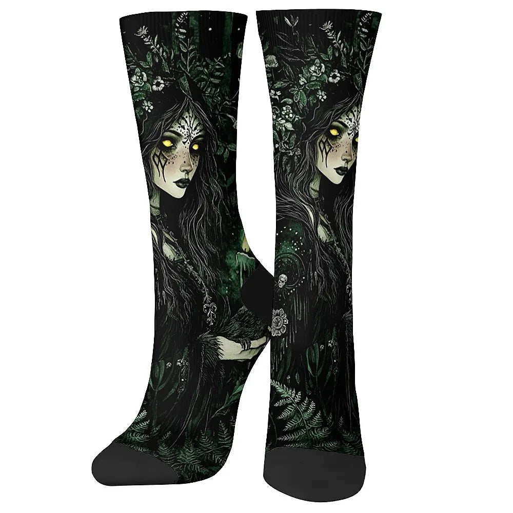 Men's fashion socks Fun crew socks, comfortable breathable socks, Mystery Girl Dark Goth style, novelty holiday party gifts.